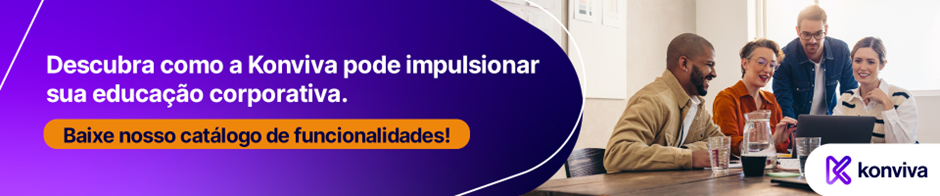 A imagem mostra quatro pessoas, duas mulheres e dois homens, reunidas em torno de uma mesa. Todos estão sorrindo e olhando para um laptop, sugerindo que estão discutindo ou colaborando em algo. No canto esquerdo da imagem, há uma área roxa em forma de "onda" com o seguinte texto em branco:

"Descubra como a Konviva pode impulsionar sua educação corporativa."

Abaixo, em um botão laranja com letras pretas, está escrito:

"Baixe nosso catálogo de funcionalidades!"

No canto inferior direito da imagem, há o logotipo da empresa Konviva, com uma letra "K" estilizada em roxo ao lado do nome da empresa.